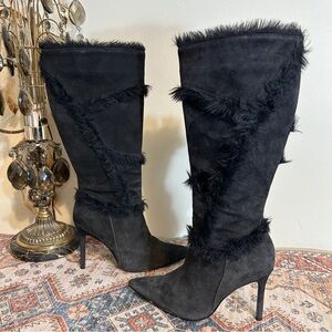 Colin Stuart Black Suede Leather Faux Fur Trimmed Knee High Heeled Boots